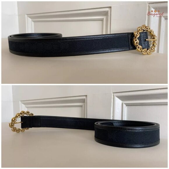 Authentic Gucci Black Monogram Canvas Leather Gold Chain Buckle Belt Size 95/38 main image 7